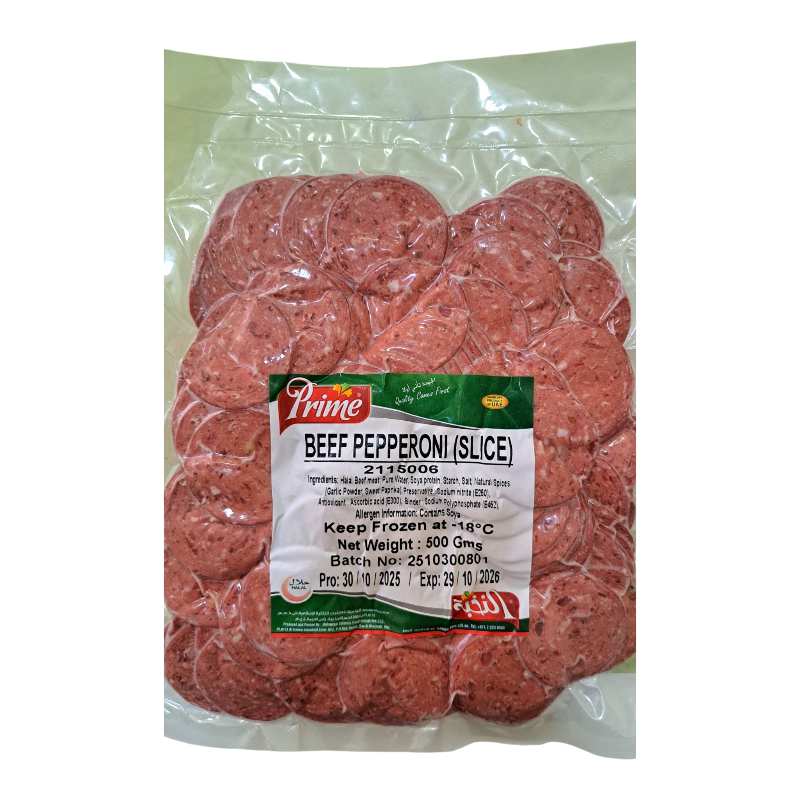 Packaged beef pepperoni slices with a visible brand label on a white background